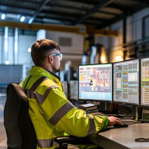 Operatör i skyddskläder övervakar styrsystem på flera bildskärmar